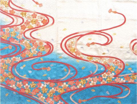 振袖に流水の部分を組紐縫、桜の部分は糸縫いと金駒縫（部分）／昭和55年